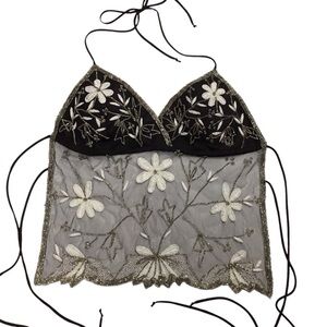Wet Seal lace beaded embroidered open back top Y2K black white silver rare  xs